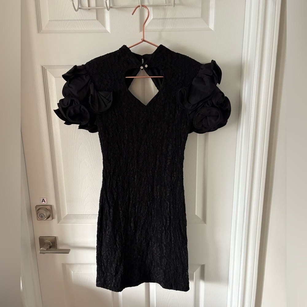Vintage 80s Susan Roselli Vijack Black Lace Puff Sleeve Mini Dress Size S